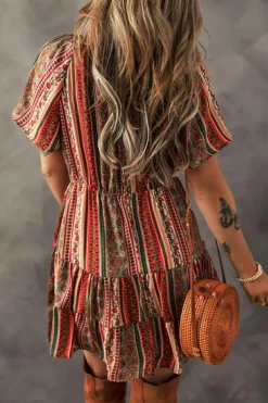 Fashion Dear-Lover Bohemian Floral Print Buttoned V Neck Ruffle Tie Dress Red