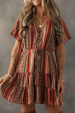 Fashion Dear-Lover Bohemian Floral Print Buttoned V Neck Ruffle Tie Dress Red