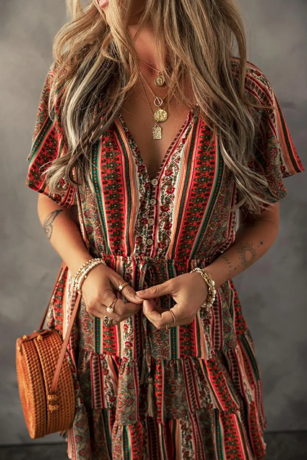 Fashion Dear-Lover Bohemian Floral Print Buttoned V Neck Ruffle Tie Dress Red