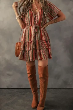 Fashion Dear-Lover Bohemian Floral Print Buttoned V Neck Ruffle Tie Dress Red