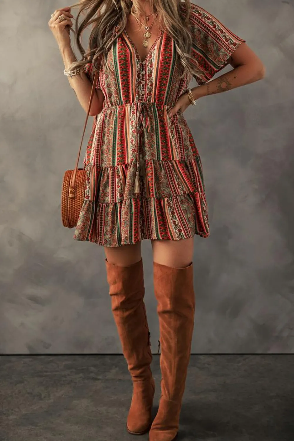 Fashion Dear-Lover Bohemian Floral Print Buttoned V Neck Ruffle Tie Dress Red