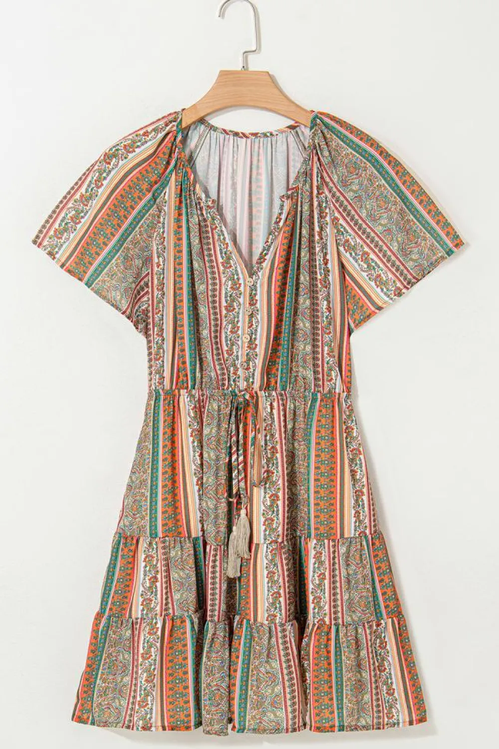 Fashion Dear-Lover Bohemian Floral Print Buttoned V Neck Ruffle Tie Dress Red