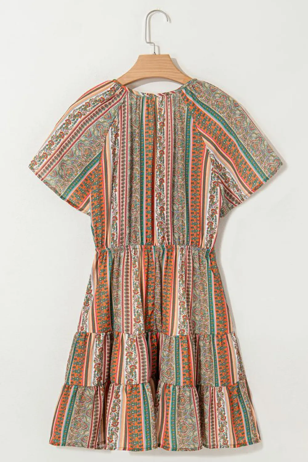Fashion Dear-Lover Bohemian Floral Print Buttoned V Neck Ruffle Tie Dress Red