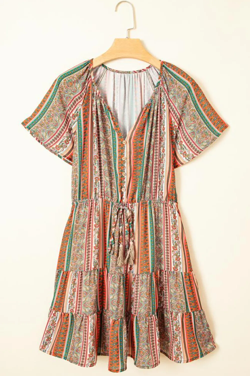 Fashion Dear-Lover Bohemian Floral Print Buttoned V Neck Ruffle Tie Dress Red