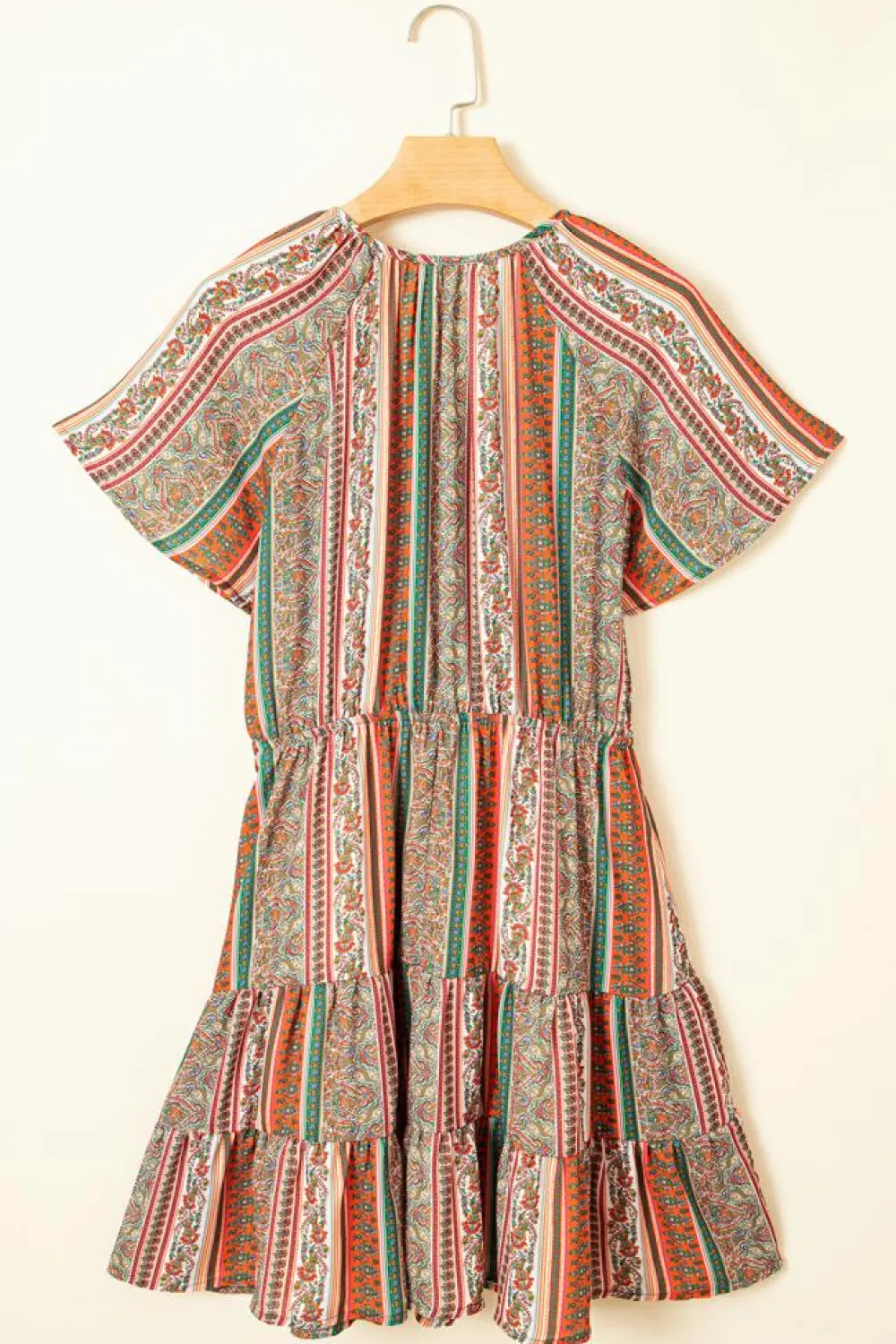 Fashion Dear-Lover Bohemian Floral Print Buttoned V Neck Ruffle Tie Dress Red