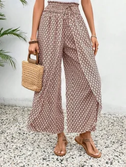 Sale Dear-Lover Bohemian Print Slit Wide Leg Smocked High Waist Pants Red