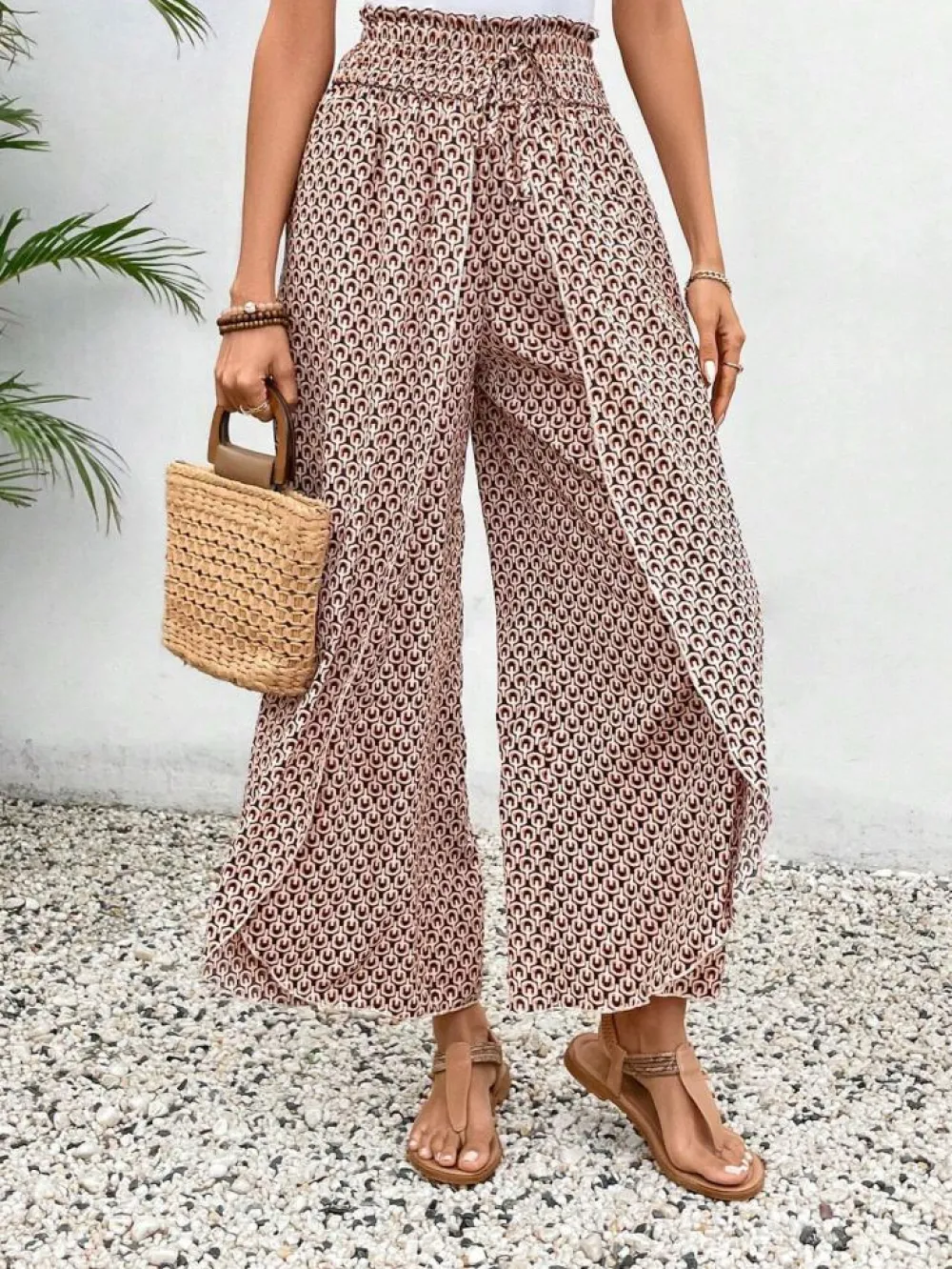 Sale Dear-Lover Bohemian Print Slit Wide Leg Smocked High Waist Pants Red