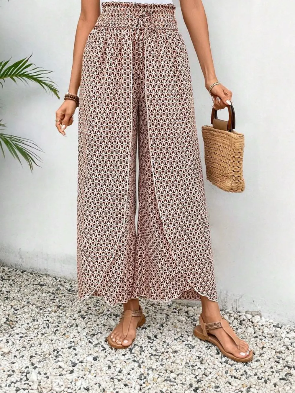 Sale Dear-Lover Bohemian Print Slit Wide Leg Smocked High Waist Pants Red