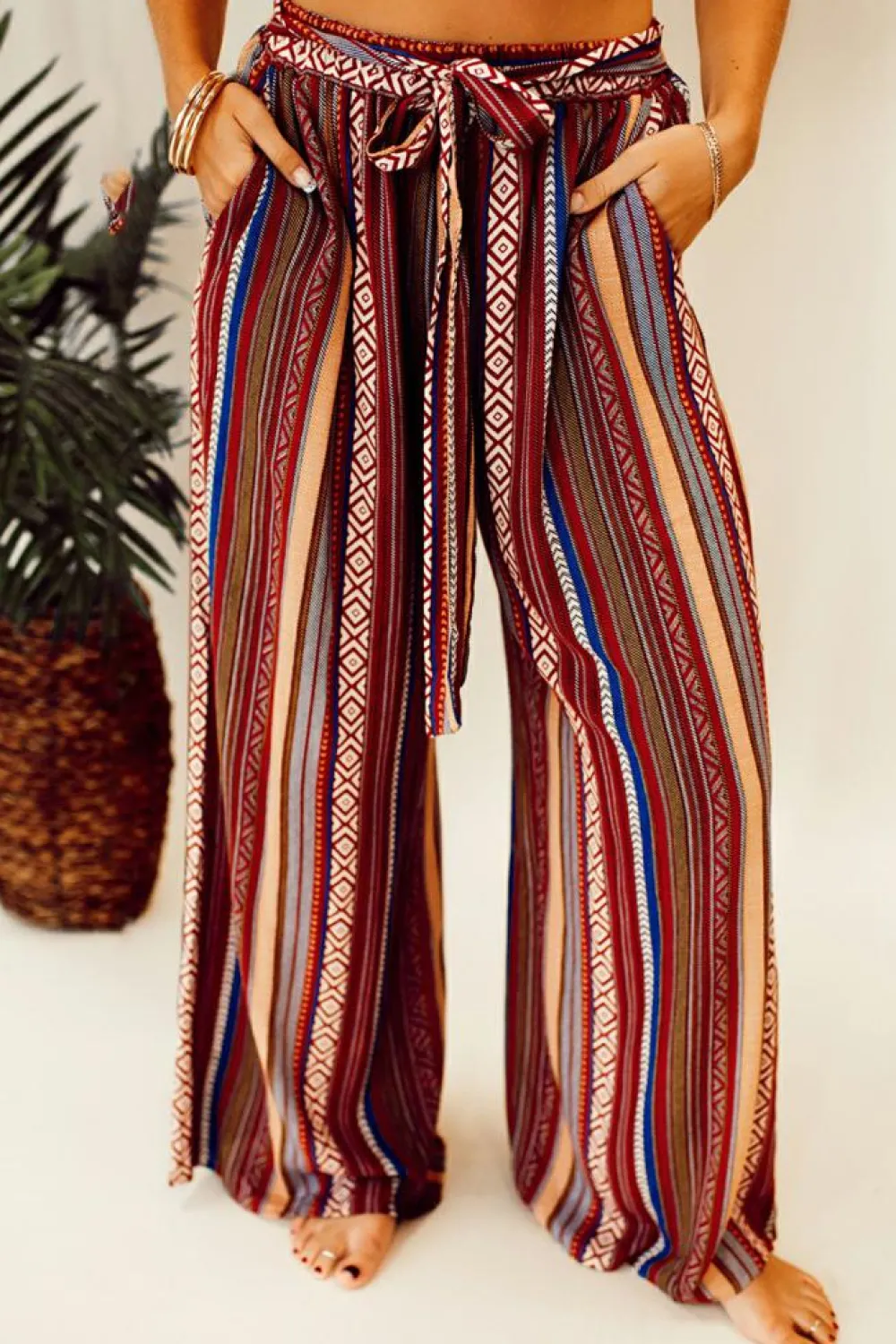 Outlet Dear-Lover Boho Ethnic Striped Print Tie Waist Wide Leg Pants Red