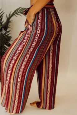 Outlet Dear-Lover Boho Ethnic Striped Print Tie Waist Wide Leg Pants Red