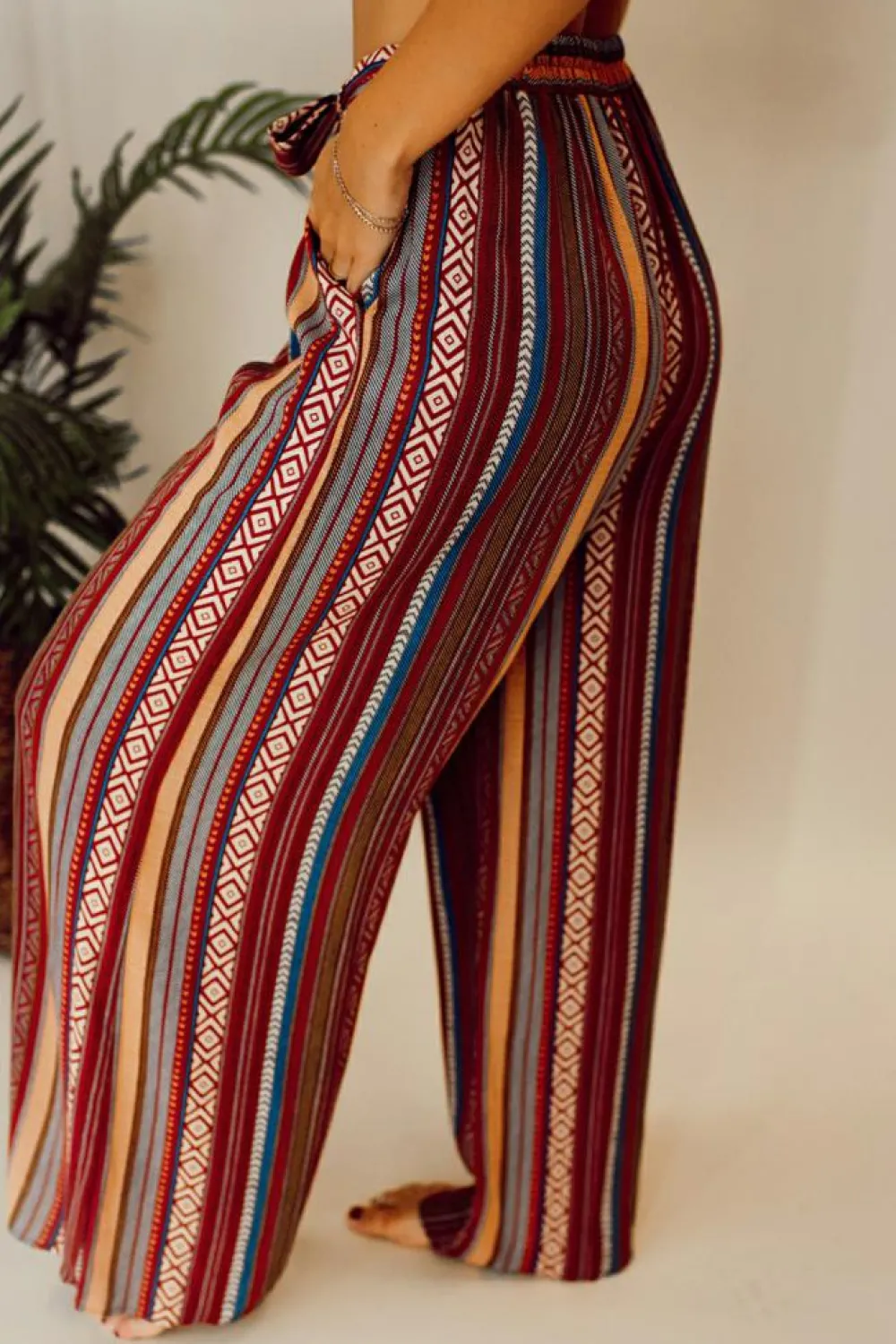 Outlet Dear-Lover Boho Ethnic Striped Print Tie Waist Wide Leg Pants Red