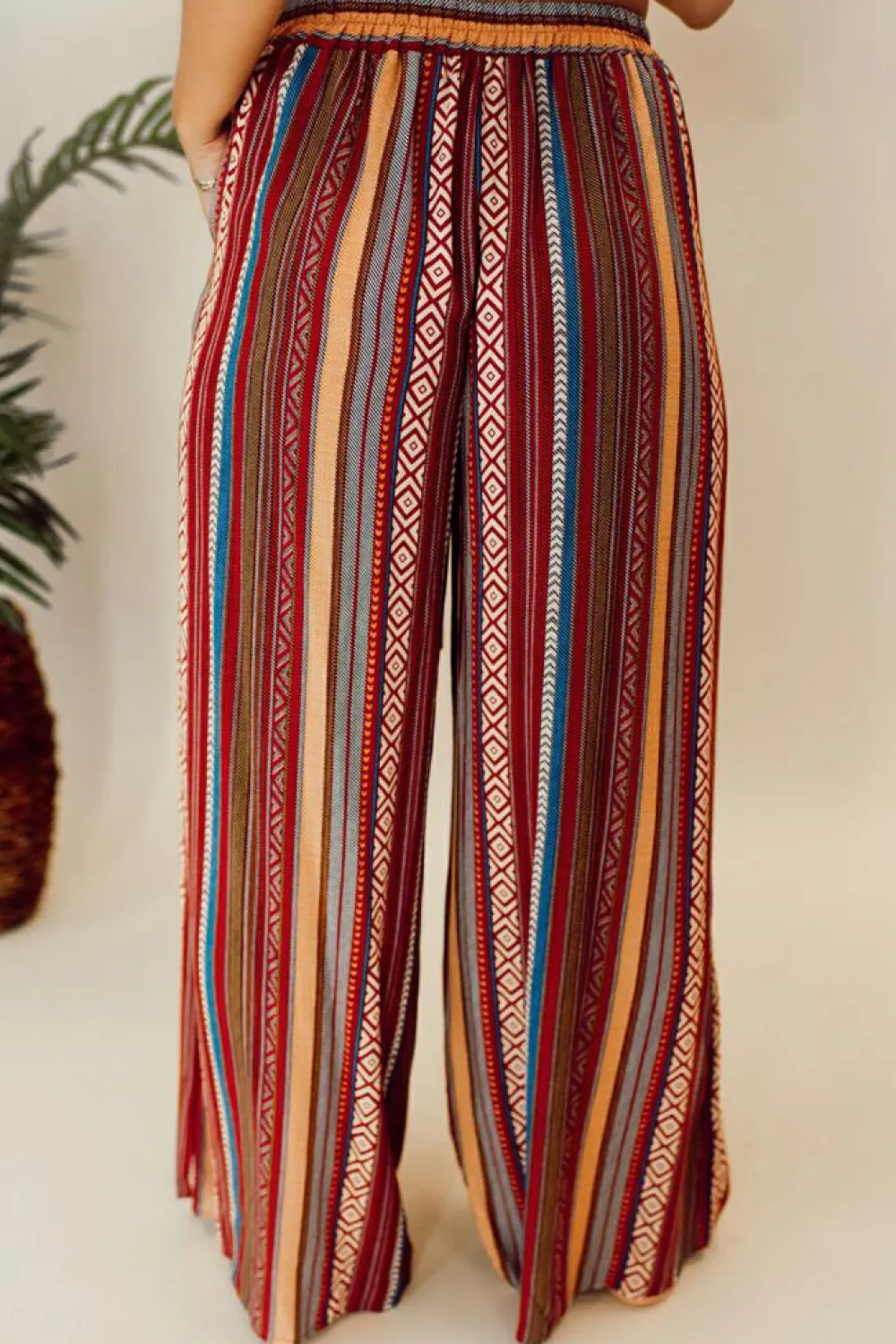 Outlet Dear-Lover Boho Ethnic Striped Print Tie Waist Wide Leg Pants Red