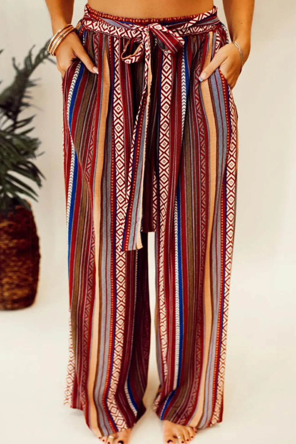 Outlet Dear-Lover Boho Ethnic Striped Print Tie Waist Wide Leg Pants Red