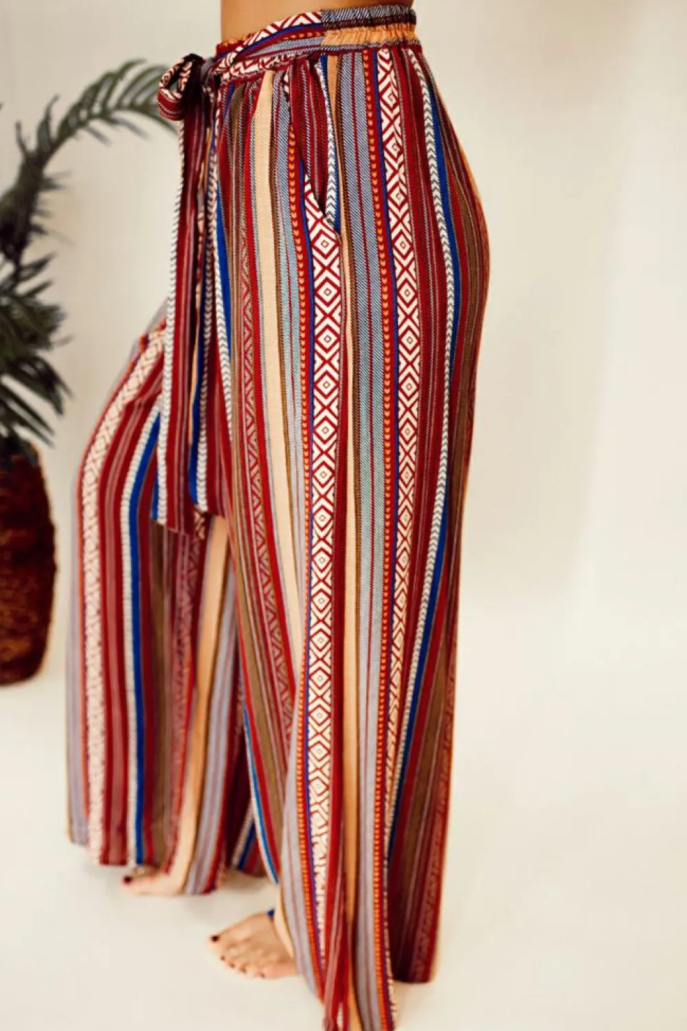 Outlet Dear-Lover Boho Ethnic Striped Print Tie Waist Wide Leg Pants Red
