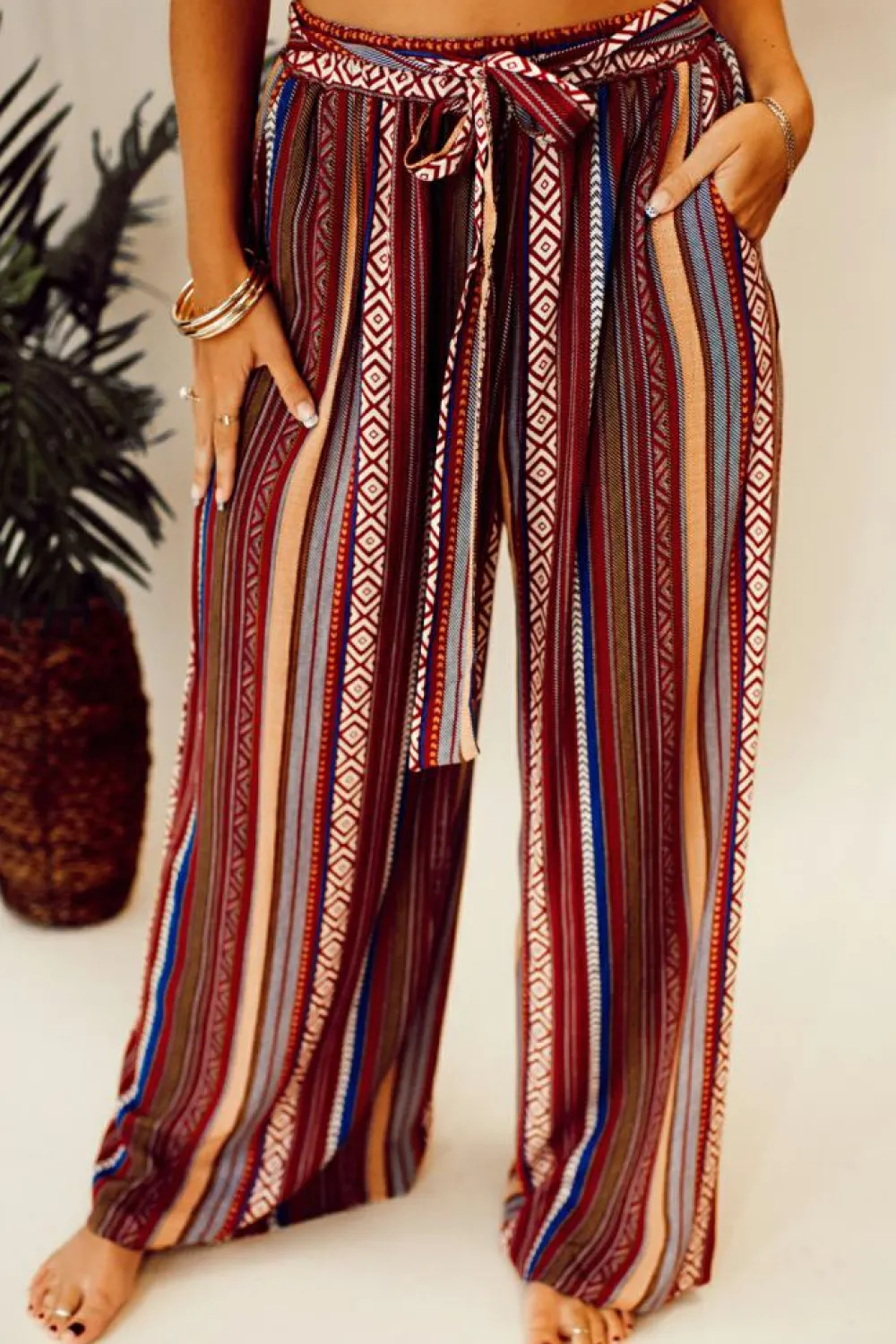 Outlet Dear-Lover Boho Ethnic Striped Print Tie Waist Wide Leg Pants Red