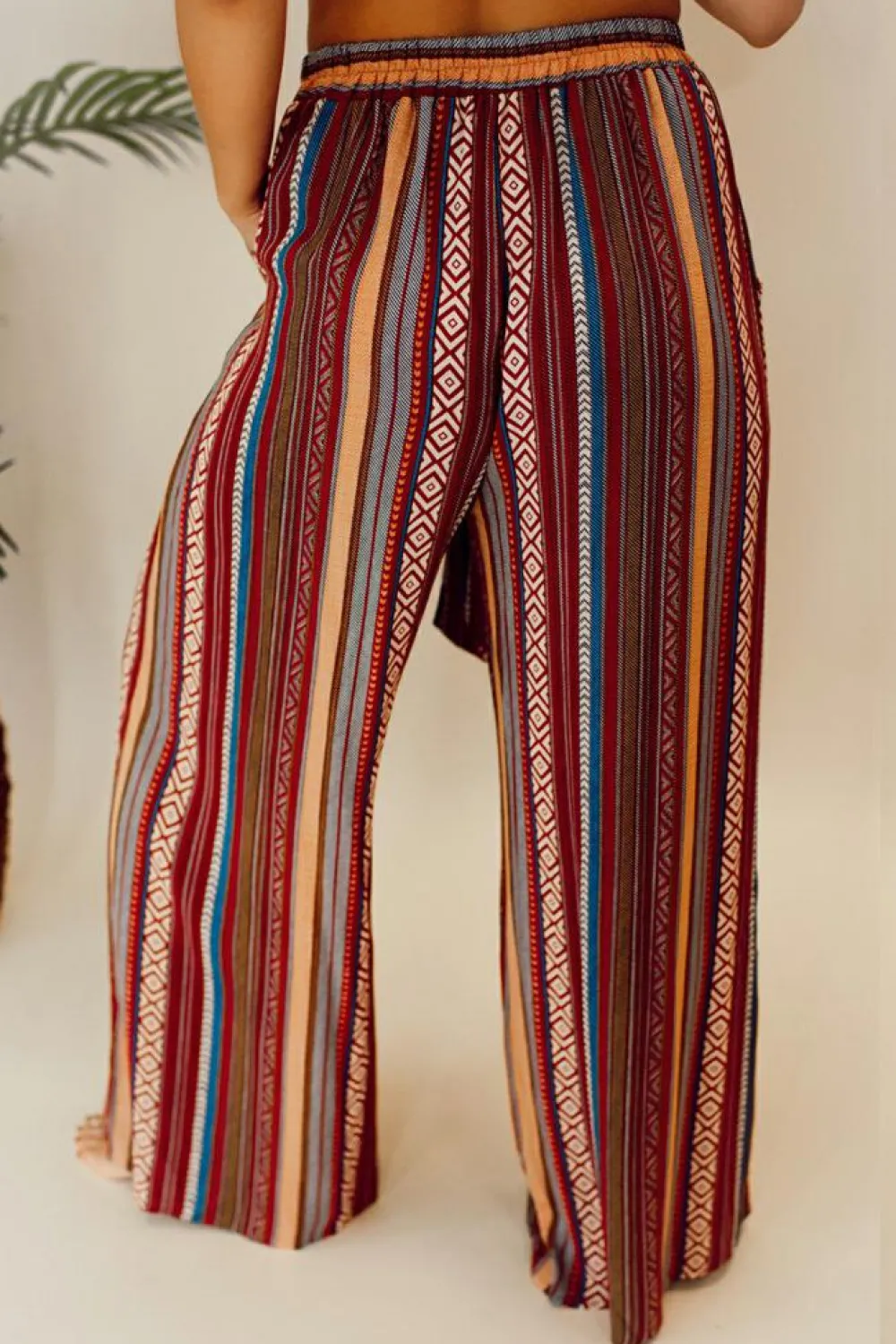 Outlet Dear-Lover Boho Ethnic Striped Print Tie Waist Wide Leg Pants Red