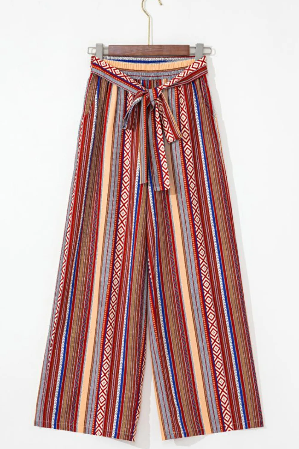 Outlet Dear-Lover Boho Ethnic Striped Print Tie Waist Wide Leg Pants Red