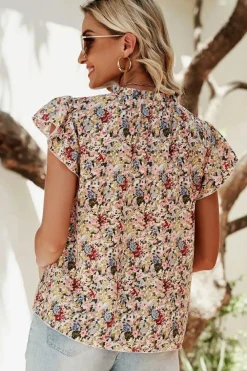 New Dear-Lover Boho Floral Frilled Button Neck Ruffle Short Sleeve Blouse Red