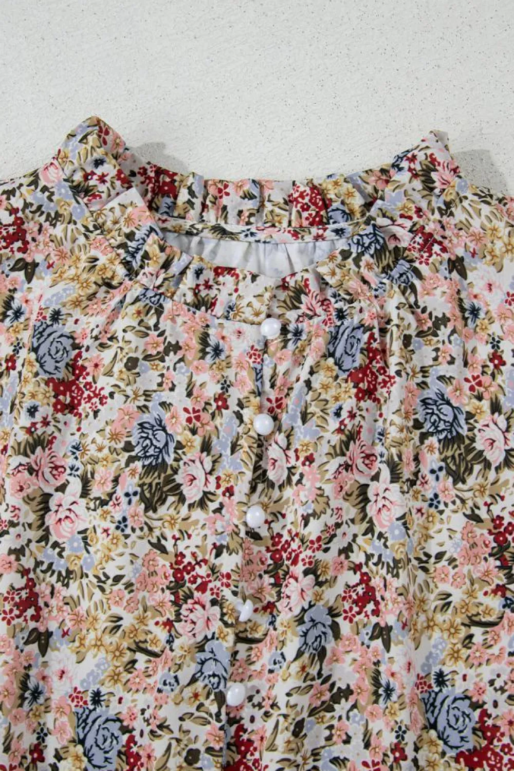 New Dear-Lover Boho Floral Frilled Button Neck Ruffle Short Sleeve Blouse Red
