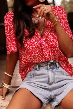 New Dear-Lover Boho Floral Printed Half Sleeve Knotted V Neck Blouse Red