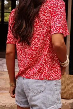 New Dear-Lover Boho Floral Printed Half Sleeve Knotted V Neck Blouse Red