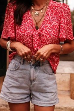 New Dear-Lover Boho Floral Printed Half Sleeve Knotted V Neck Blouse Red