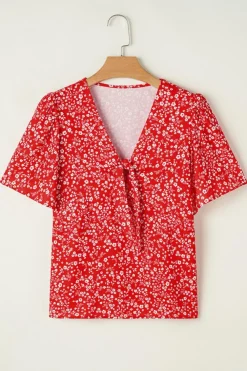 New Dear-Lover Boho Floral Printed Half Sleeve Knotted V Neck Blouse Red