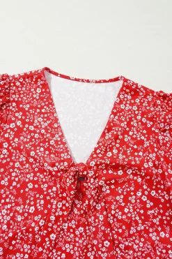 New Dear-Lover Boho Floral Printed Half Sleeve Knotted V Neck Blouse Red