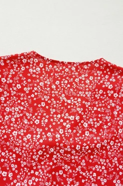 New Dear-Lover Boho Floral Printed Half Sleeve Knotted V Neck Blouse Red