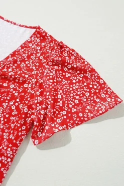 New Dear-Lover Boho Floral Printed Half Sleeve Knotted V Neck Blouse Red