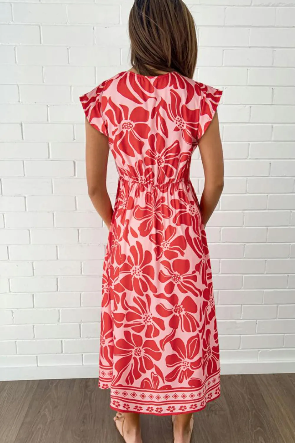 Discount Dear-Lover Boho Floral Short Sleeve V Neck Buttoned Shir Waist Long Dress Red