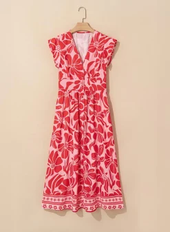 Discount Dear-Lover Boho Floral Short Sleeve V Neck Buttoned Shir Waist Long Dress Red
