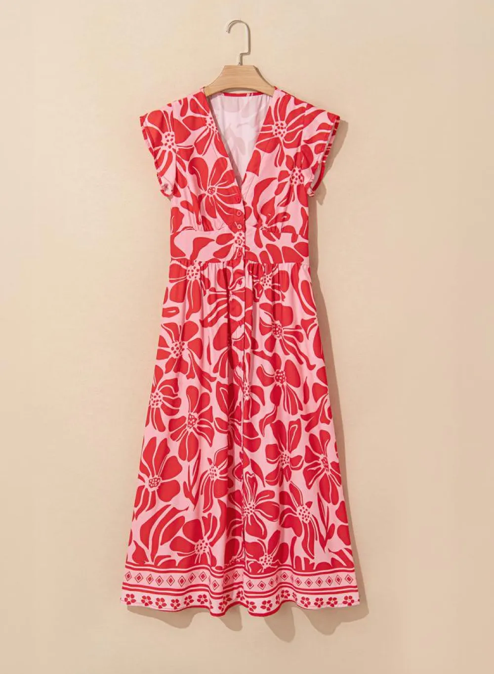 Discount Dear-Lover Boho Floral Short Sleeve V Neck Buttoned Shir Waist Long Dress Red