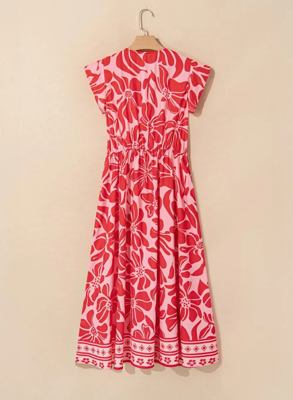 Discount Dear-Lover Boho Floral Short Sleeve V Neck Buttoned Shir Waist Long Dress Red