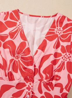 Discount Dear-Lover Boho Floral Short Sleeve V Neck Buttoned Shir Waist Long Dress Red