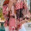 Outlet Dear-Lover Boho Geometric Mixed Print Patchwork Bubble Sleeve Shirt Red