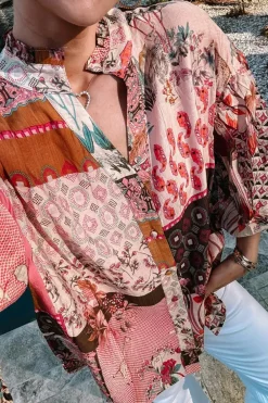 Outlet Dear-Lover Boho Geometric Mixed Print Patchwork Bubble Sleeve Shirt Red
