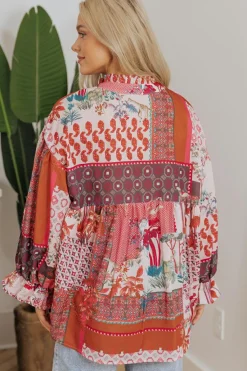 Outlet Dear-Lover Boho Geometric Mixed Print Patchwork Bubble Sleeve Shirt Red