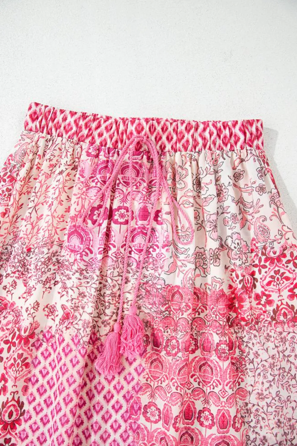 Outlet Dear-Lover Boho Pattern Print Tassel Drawstring High Waist Maxi Dress Red