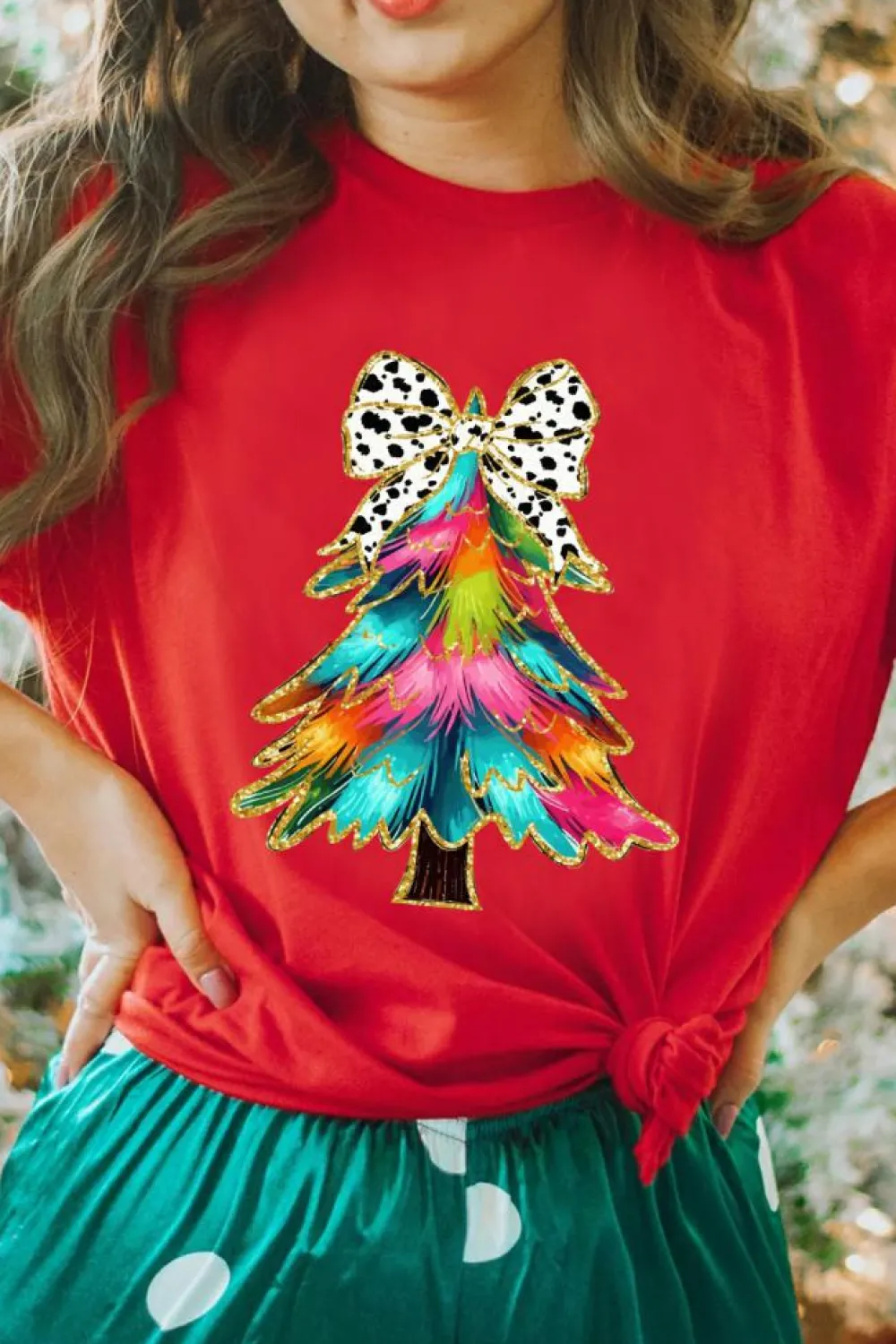 Fashion Dear-Lover Red Bow Decor Christmas Tree Graphic Holiday T Shirt Red-2
