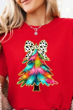 Fashion Dear-Lover Red Bow Decor Christmas Tree Graphic Holiday T Shirt Red-2