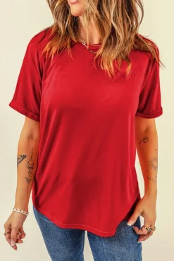 Outlet Dear-Lover Red Casual Plain Crew Neck Tee Red-2