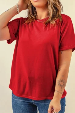 Outlet Dear-Lover Red Casual Plain Crew Neck Tee Red-2