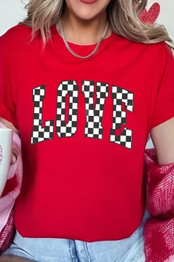 Clearance Dear-Lover Red Checkered LOVE Letter Graphic Valentines T Shirt Red-2