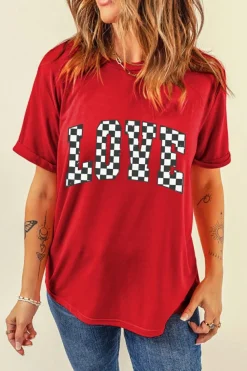 Clearance Dear-Lover Red Checkered LOVE Letter Graphic Valentines T Shirt Red-2
