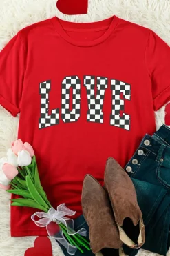 Clearance Dear-Lover Red Checkered LOVE Letter Graphic Valentines T Shirt Red-2