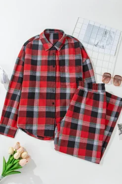 Best Dear-Lover Christmas Checke Pattern Loose Shirt and Pants Lounge Set Red