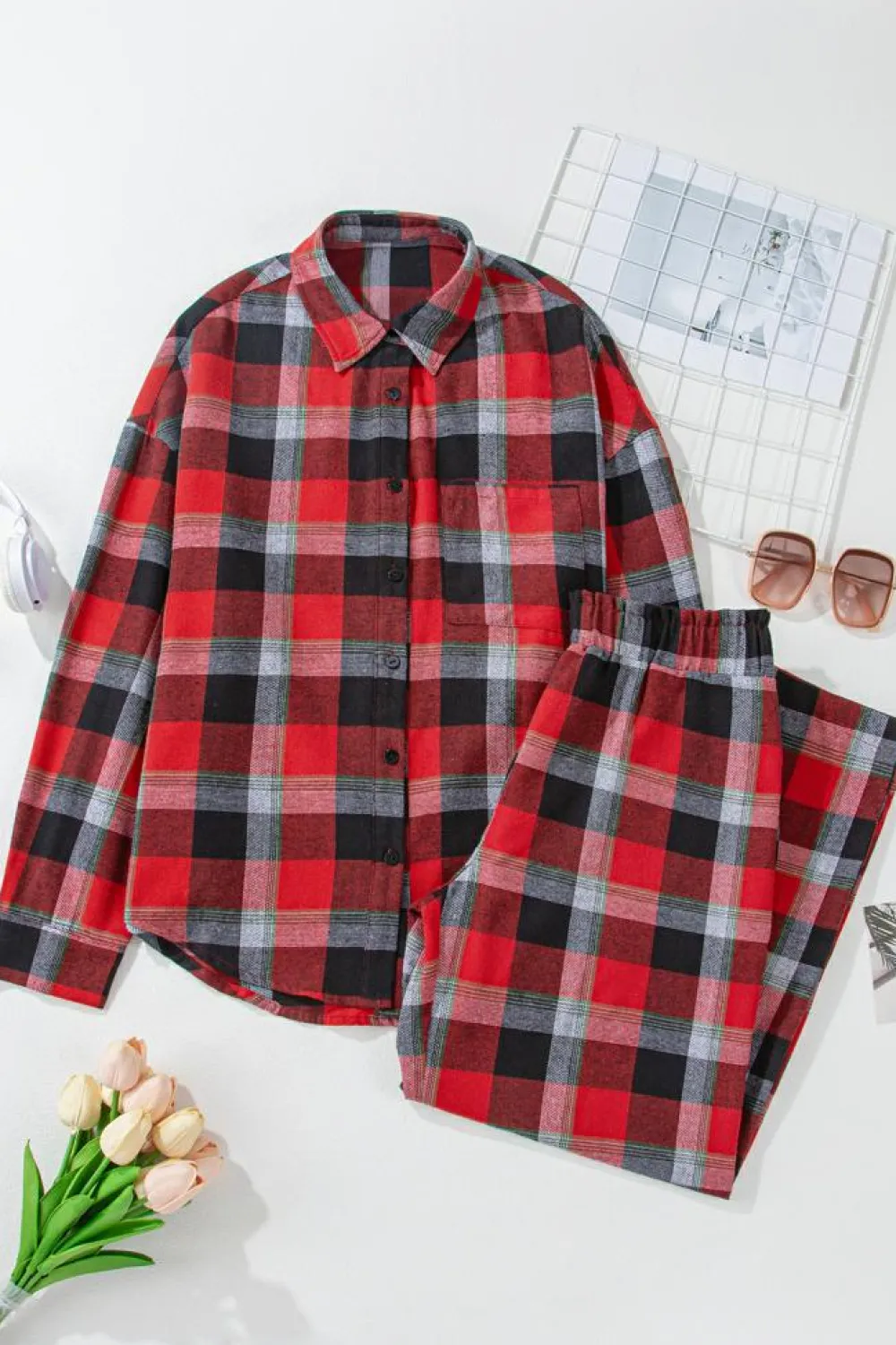 Best Dear-Lover Christmas Checke Pattern Loose Shirt and Pants Lounge Set Red
