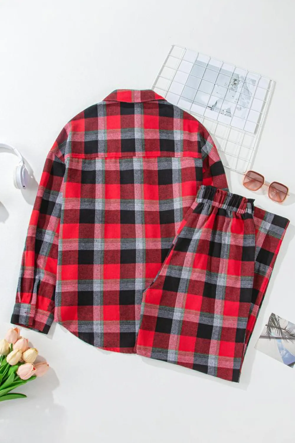 Best Dear-Lover Christmas Checke Pattern Loose Shirt and Pants Lounge Set Red