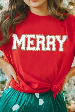 Hot Dear-Lover Red Christmas MERRY Graphic Cuffed Sleeve T Shirt Red-2